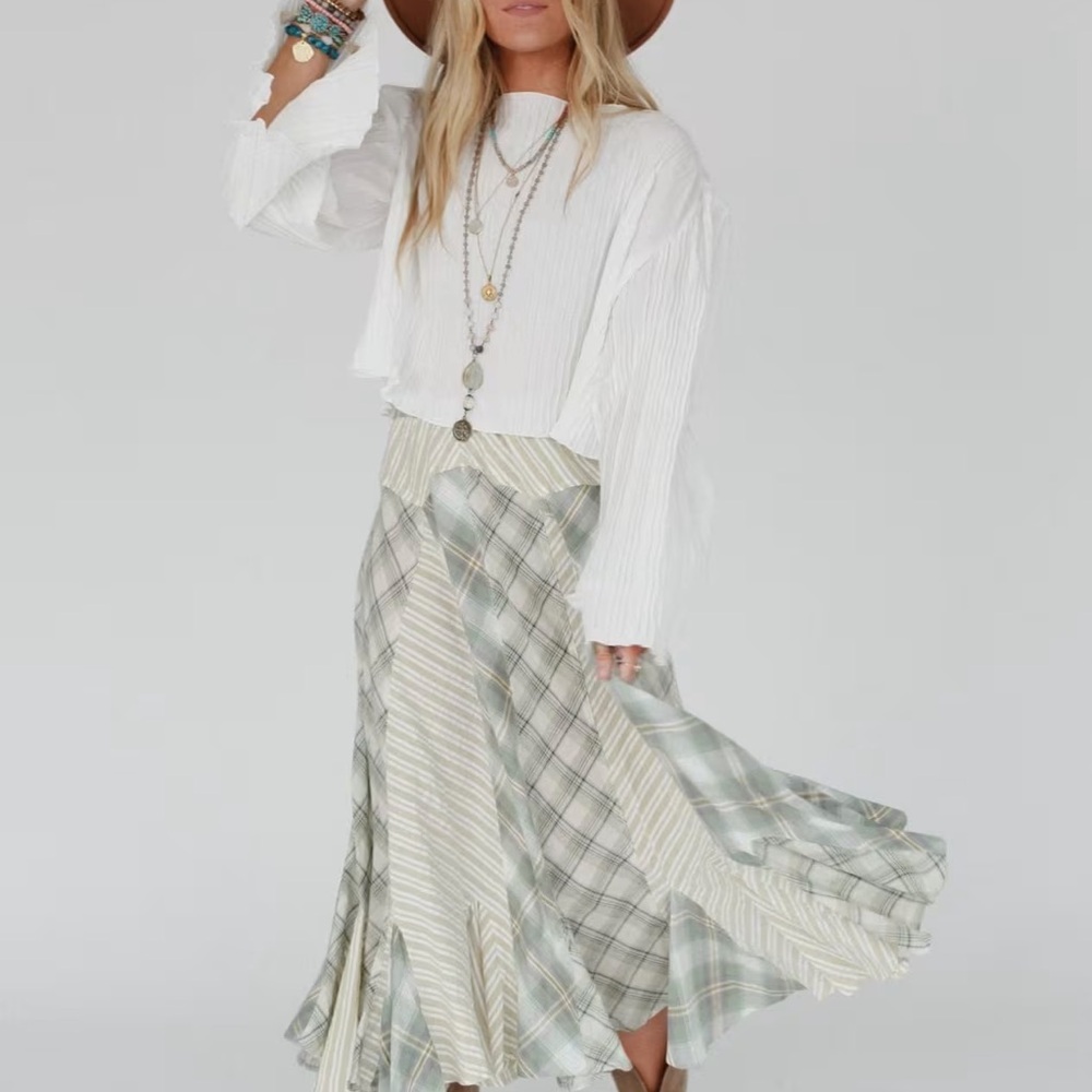 Three Bird Nest Twirl With Us Maxi Skirt Sage Patchwork Boho M SOLD OUT NWOT